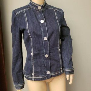 St. John Sport Blue Denim Jean Zip and Snap Jacket Size Small Petite Logo Button